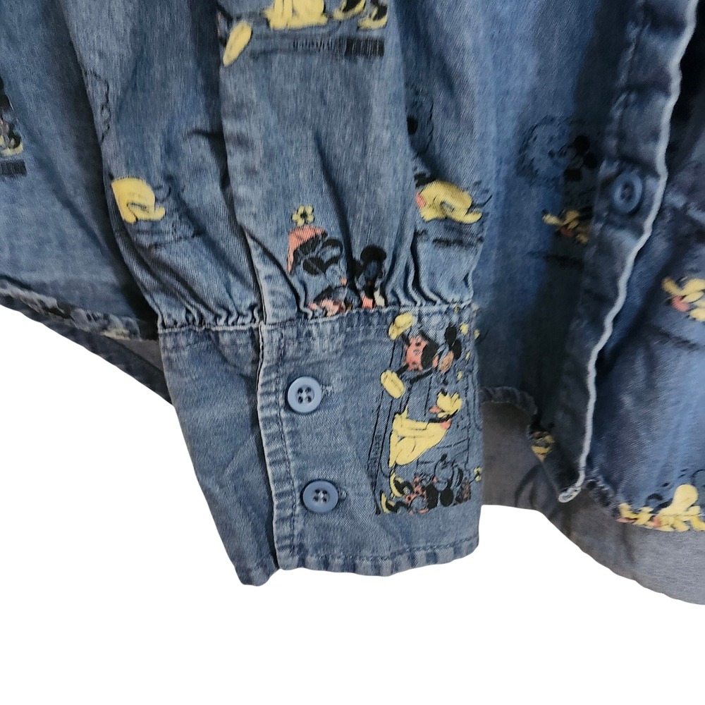 Disney Denim Button Down Shirt Womens Medium Blue Mickey Mouse Print Puff Sleeve - Picture 6 of 9